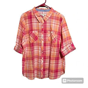 Studio Works NWT Women’s Pink Orange Coral PLAID BUTTON DOWN SHIRT BLOUSE SZ XL